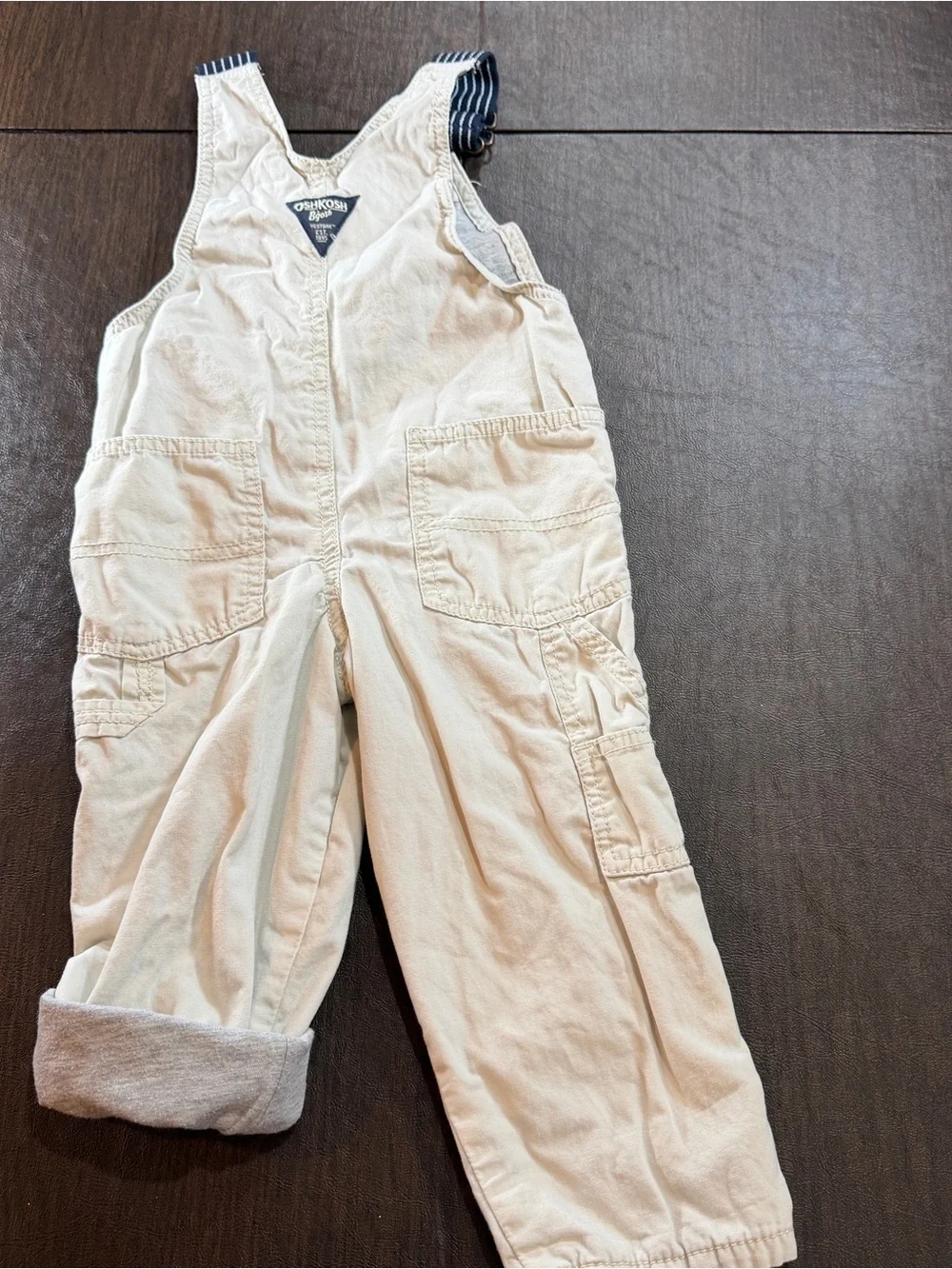 OshKosh B'gosh Vestback Cream Overalls with Navy Striped Straps Sz 2T
